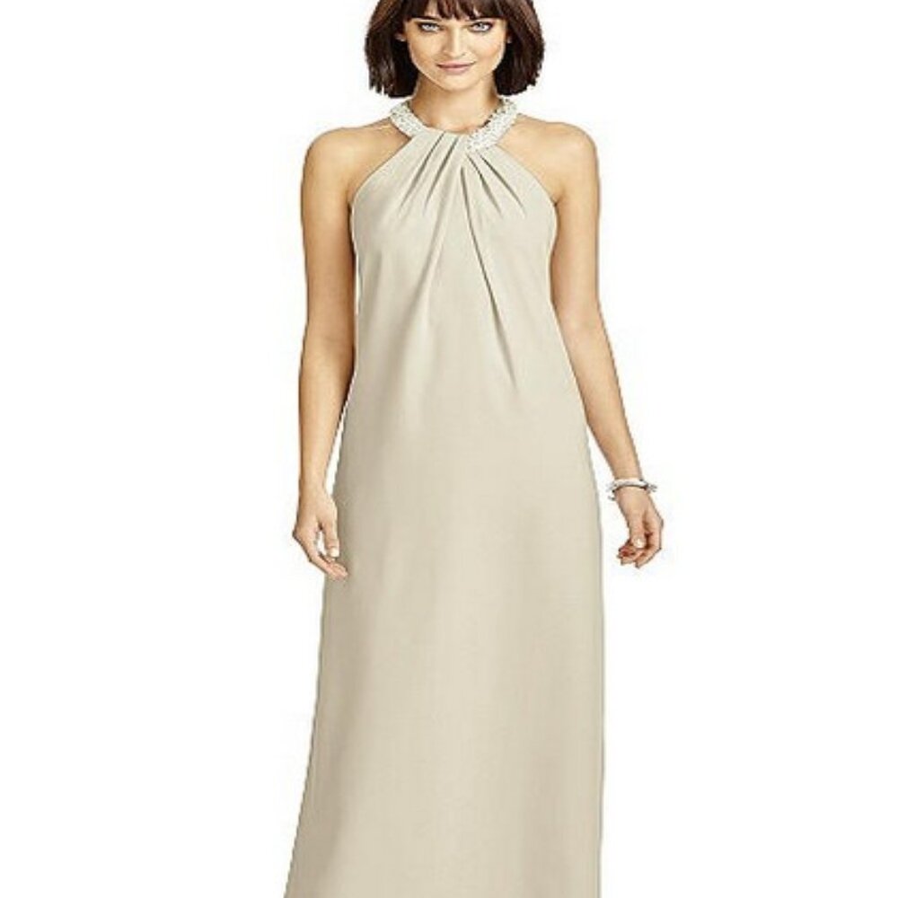 Dessy 2971.....Full Length Crepe Halter Neckline Dress....Palomino...Sz 8